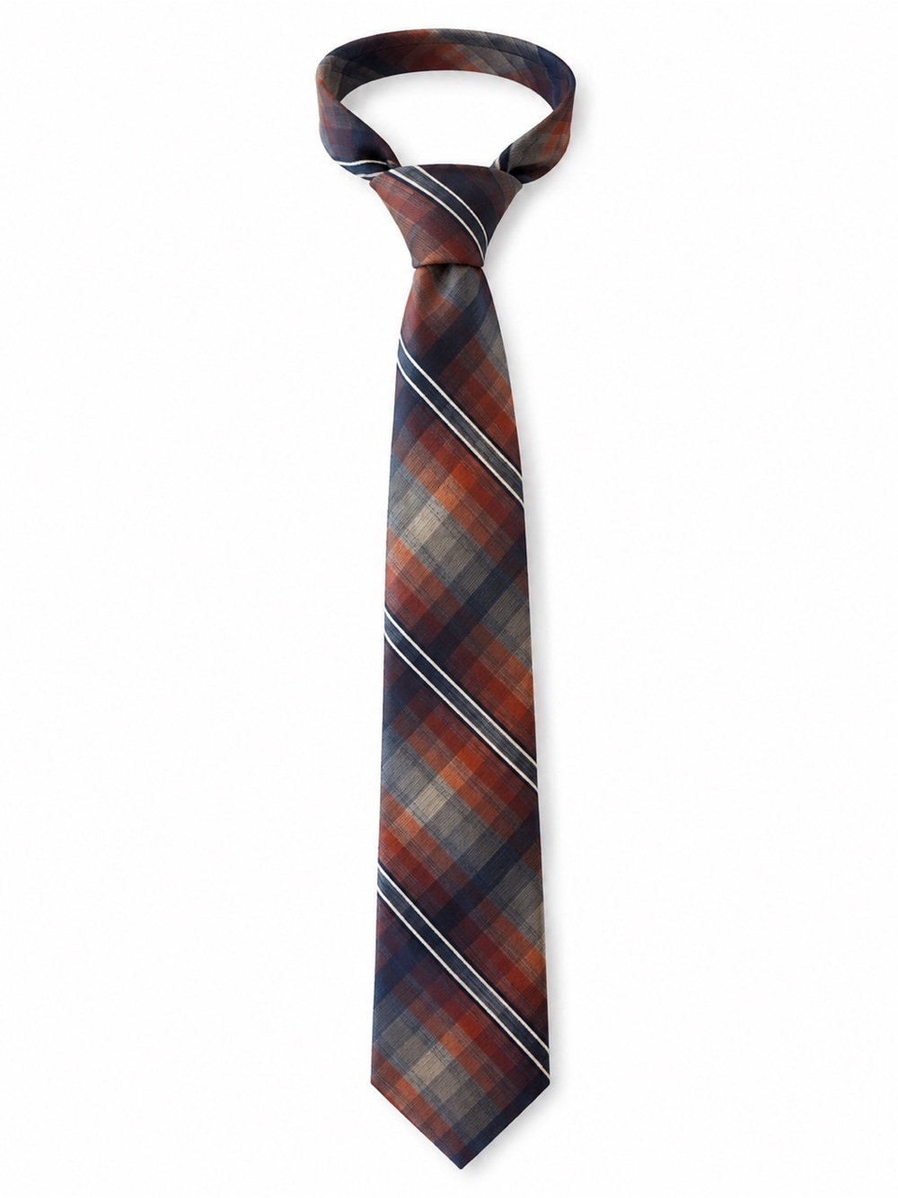 Wemlon by Wembley Plaid Necktie Rust Orange Navy Diagonal Stripe Vintage Tie